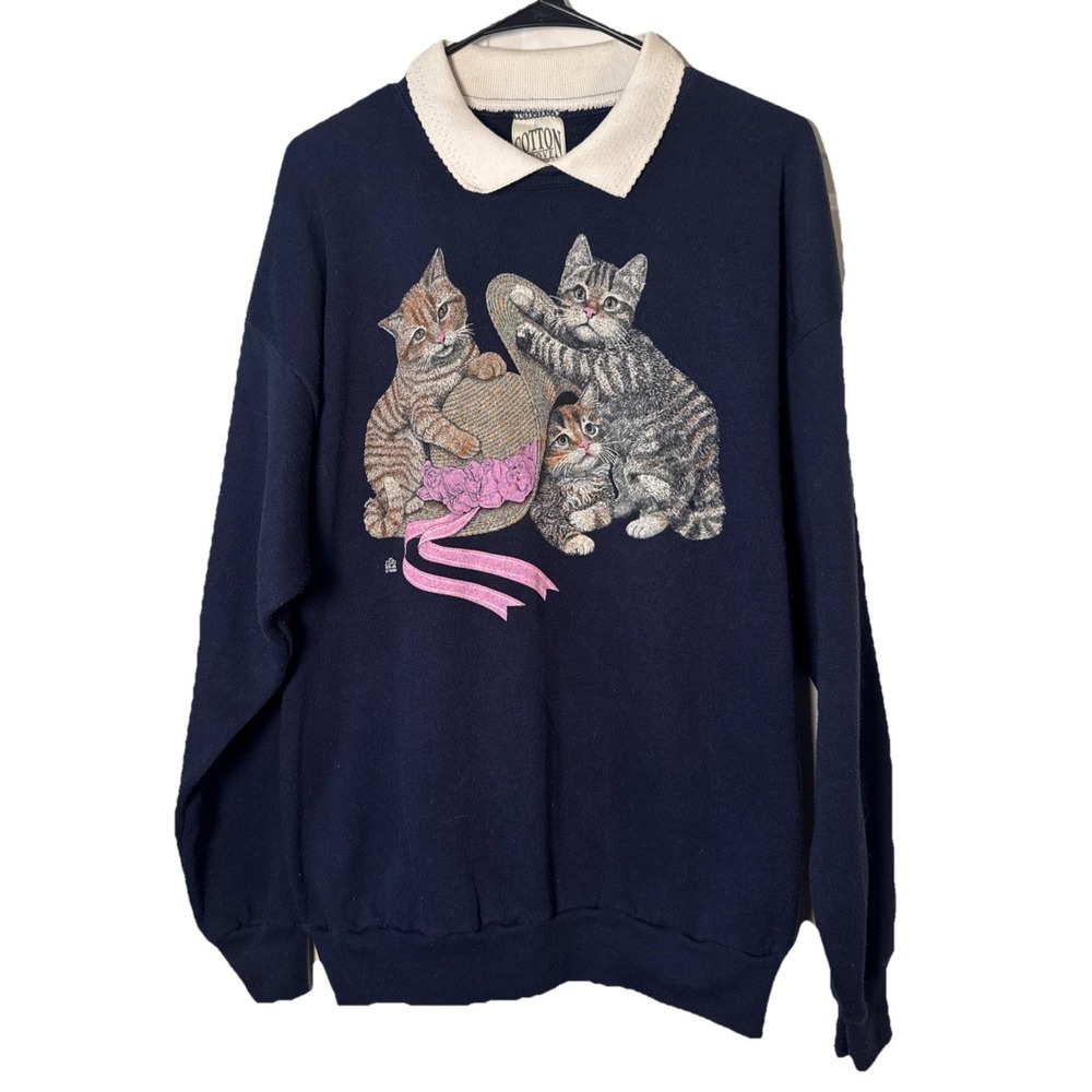 Vintage 90s Cotton Grove Designs Cat Sweatshirt XL‎ Made USA Kitten Graphic